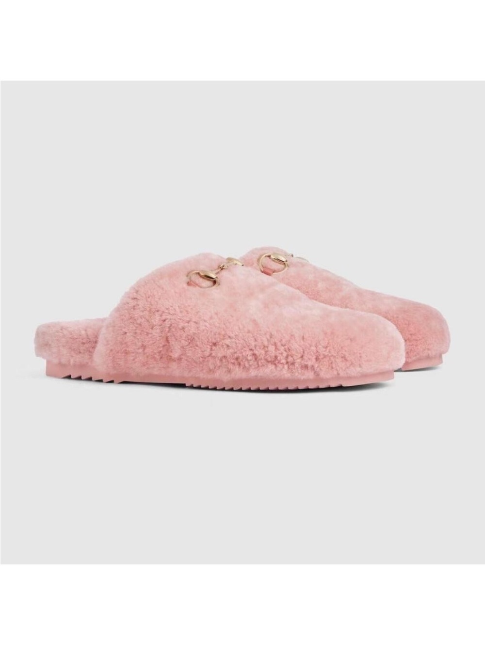 Brand new Gucci Plush Pink shearling Slide Mules with Gold horsebit Detail